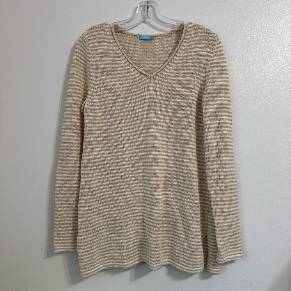 J. McLaughlin Beige Cotton Blend Striped Long Sleeve Top